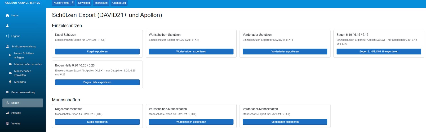 Screenshot der Export-Seite im KM-Tool mit Exportfunktionen für DAVID21+ und Apollon, getrennt nach Einzelschützen und Mannschaften