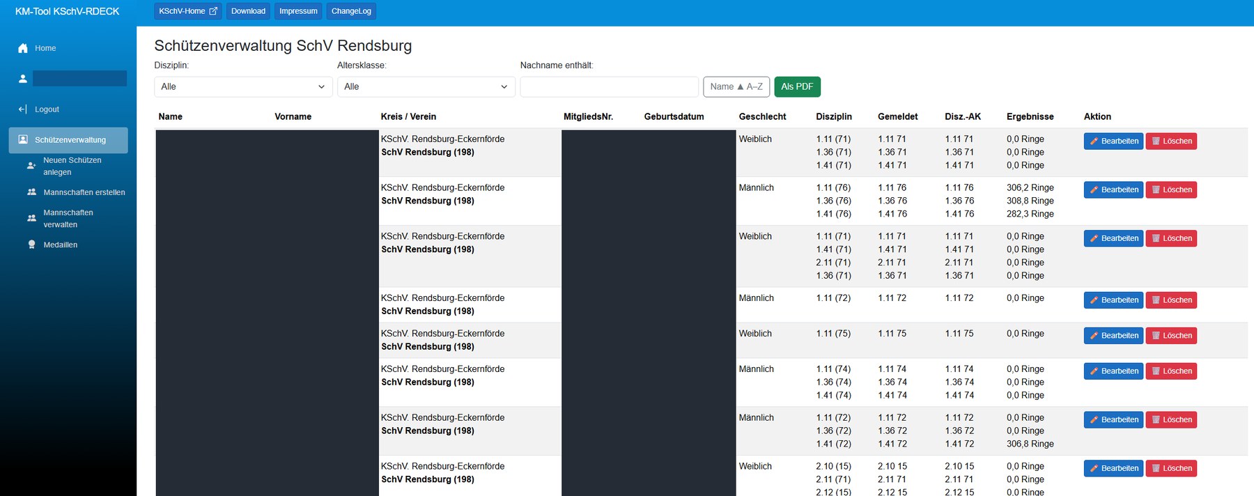 Screenshot der Schützenverwaltung im KM-Tool mit Filtern, Tabelle und Exportfunktionen (personenbezogene Daten geschwärzt)